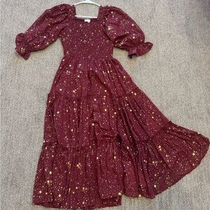 Ivy City Madeline dress in Crimson with Gold Star Pattern